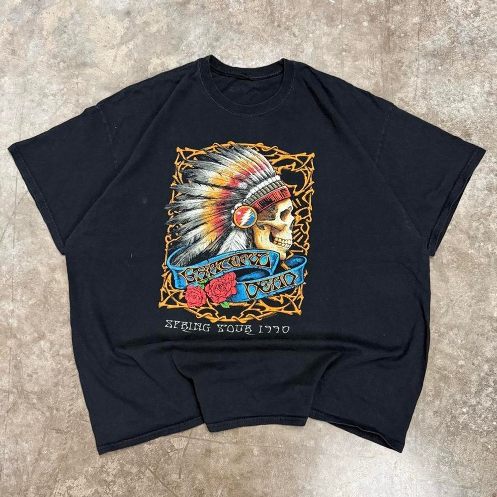 Vintage Grateful Dead Spring Tour 1990 Shirt Y2K Headdress Skull Tee Black XXL